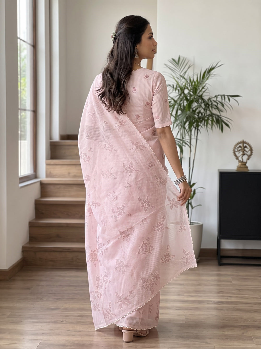 Net Kota Pink Saree with Floral Embroidery and Scalloped Border