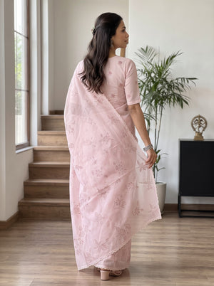 Net Kota Pink Saree with Floral Embroidery and Scalloped Border