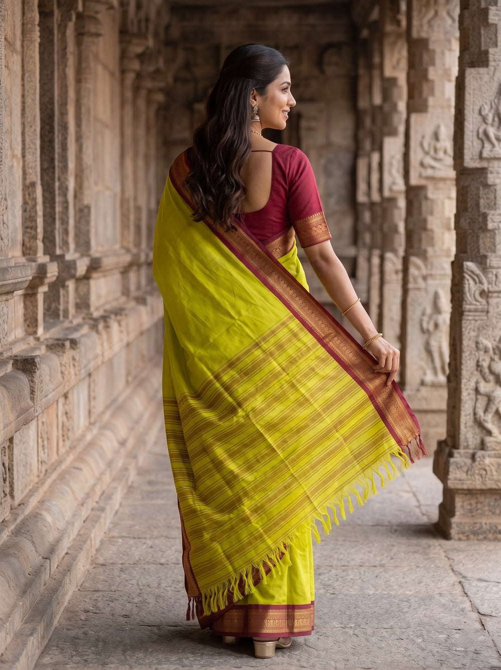 Semi Silk Yellow Saree Maroon Brocade Border with Striped Body