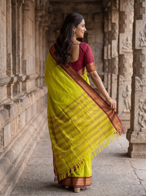 Semi Silk Yellow Saree Maroon Brocade Border with Striped Body