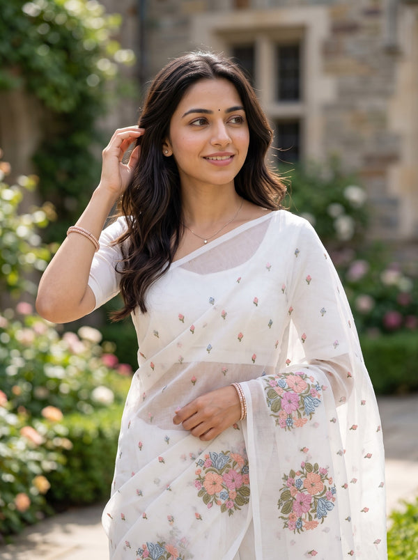 Net Kota White Floral Bouquet Embroidery Saree