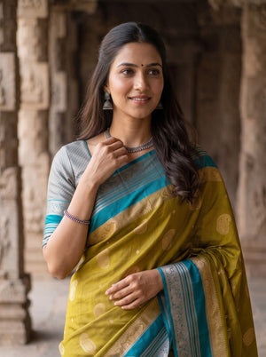 Semi Silk Mustard Zari Paisley Grey Pallu Saree