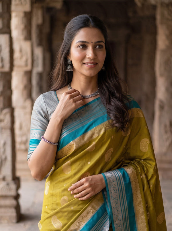 Semi Silk Mustard Zari Paisley Grey Pallu Saree