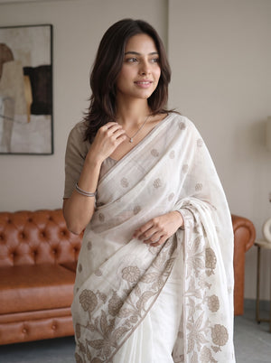 Net Kota Off-White Saree with Grey Floral Butta Design