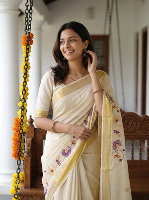 Tissue Cream Embroidered Floral  Onam Special Kerala Saree with Golden Border