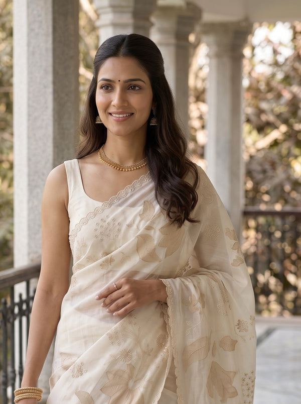 Pure Chanderi Off-White Saree with Embroidered Leaf Motif and Scalloped Border