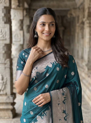 Banarasi Dark Teal Green Saree with Intricate Zari Geometric Pallu