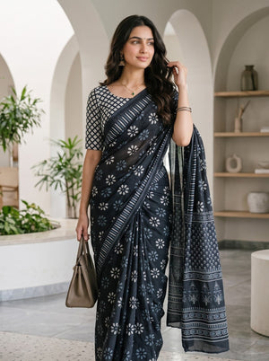 Cotton Black White & Grey Daisy Floral Block Print Pallu Saree with Buta Motifs
