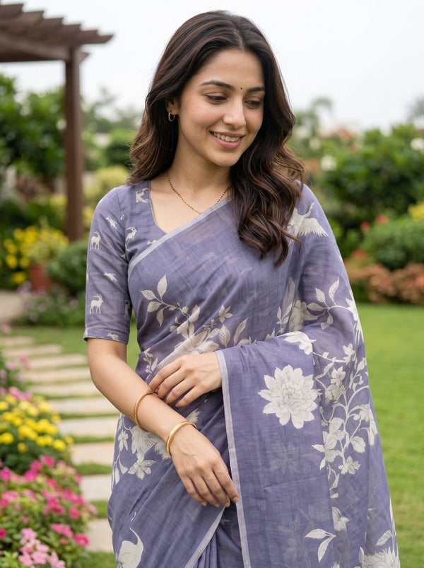 Linen Periwinkle Blue White Floral Print Saree