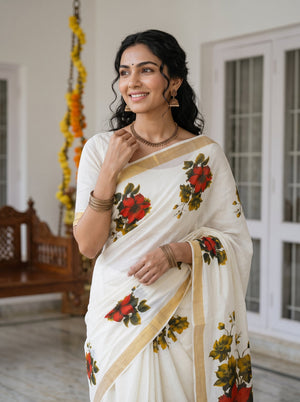 Cotton Cream Red Floral Bunch Print Golden Border Onam Special Kerala Saree