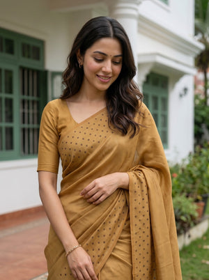 Chiffon Golden Saree with Scattered Dot Border Design