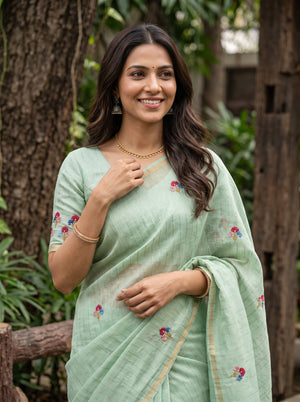 Chanderi Mint Green Crane Floral Tree Motif Saree