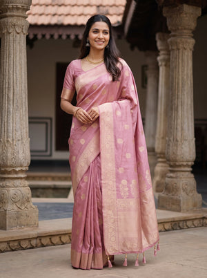 Banarasi Dusty Rose Golden Zari Floral Booti Diamond Jaal Border Saree