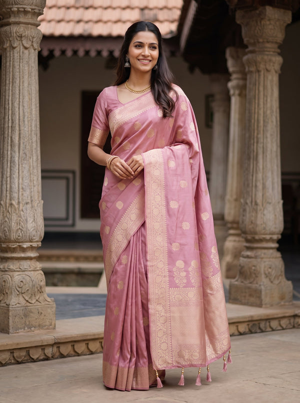 Banarasi Dusty Rose Golden Zari Floral Booti Diamond Jaal Border Saree