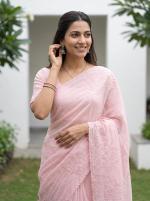 Organza Baby Pink Saree with Floral Vine Cutwork Pallu and Scalloped Border