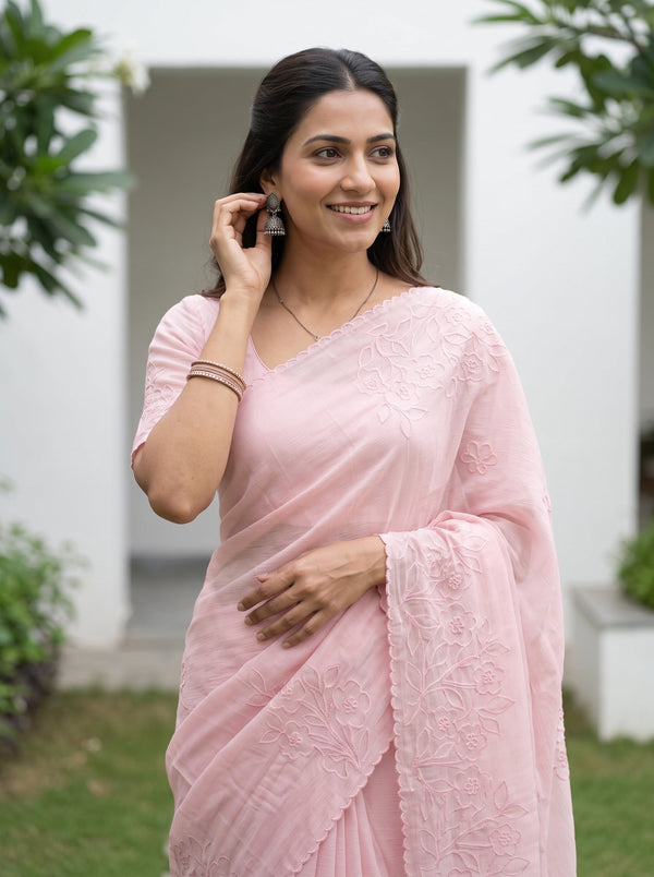 Organza Baby Pink Saree with Floral Vine Cutwork Pallu and Scalloped Border