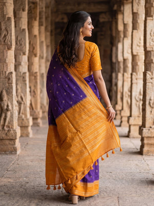 Semi Silk Purple Saree with Scattered Golden Butta Motifs and Orange Pallu