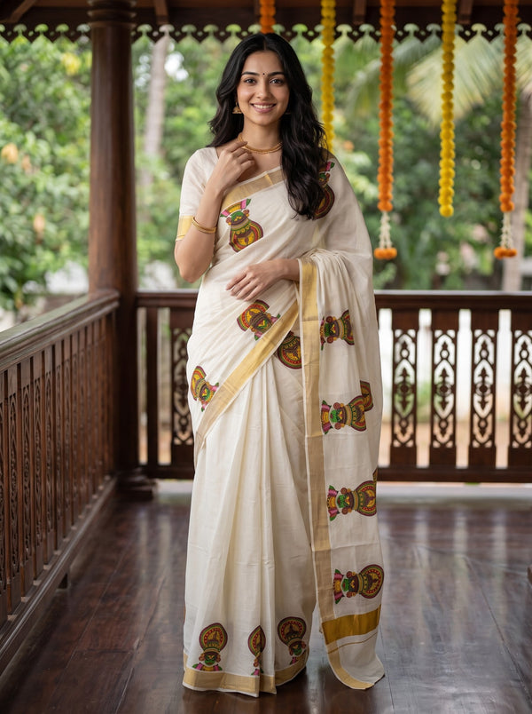Cotton Off-White Kathakali Face Print Onam Special Kerala Saree