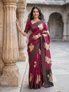 Tussar Silk Maroon Saree with Abstract Floral Pallu and Zari Thread Work