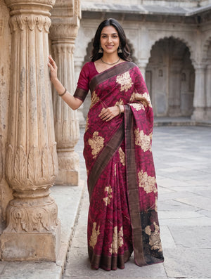 Tussar Silk Maroon Saree with Abstract Floral Pallu and Zari Thread Work