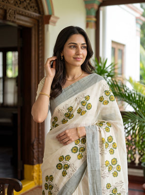 Tissue Cream Kerala Saree with Green Floral Print Pallu, Checkered Green Golden Border