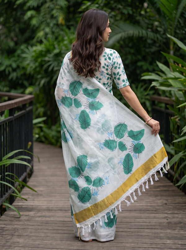 Cotton White Body with Green Tropical Leaf Print Saree