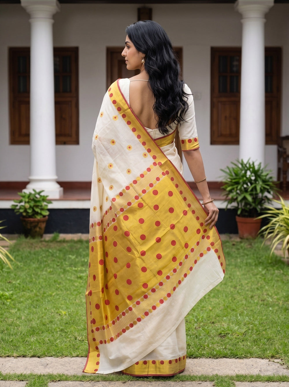 Cotton Cream Polka Dot Onam Special Kerala Saree