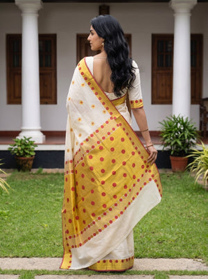 Cotton Cream Polka Dot Onam Special Kerala Saree