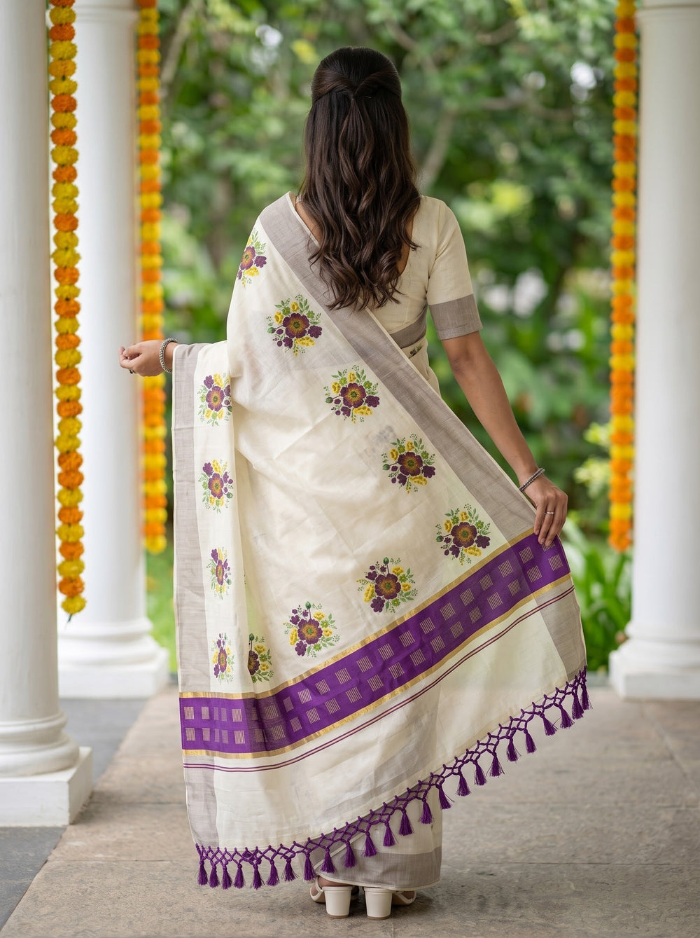 Tissue Cream Purple Floral Print Zari Border Kerala Saree
