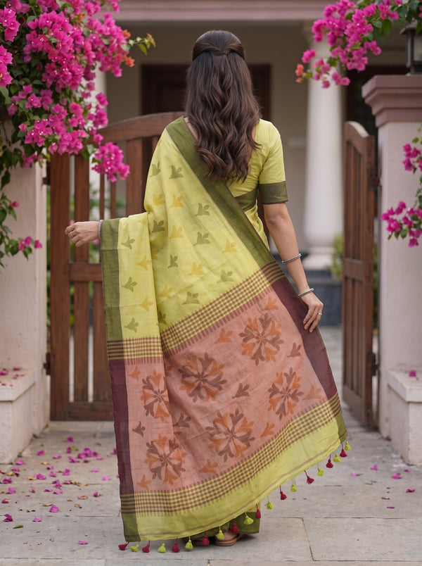 Cotton Lime Green Rust Floral Burst Checkered Saree