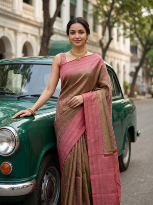 Kanjivaram Olive Green Saree with All-Over Floral Jaal Weave & Pink Contrast Border