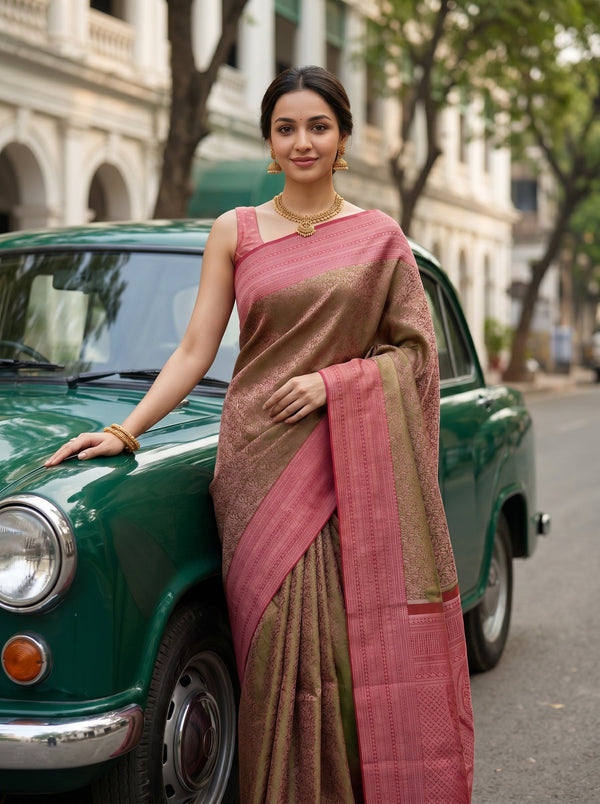 Kanjivaram Olive Green Saree with All-Over Floral Jaal Weave & Pink Contrast Border