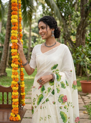 Cotton Cream Lotus Leaf Print Tassel Border Onam Special Kerala Saree