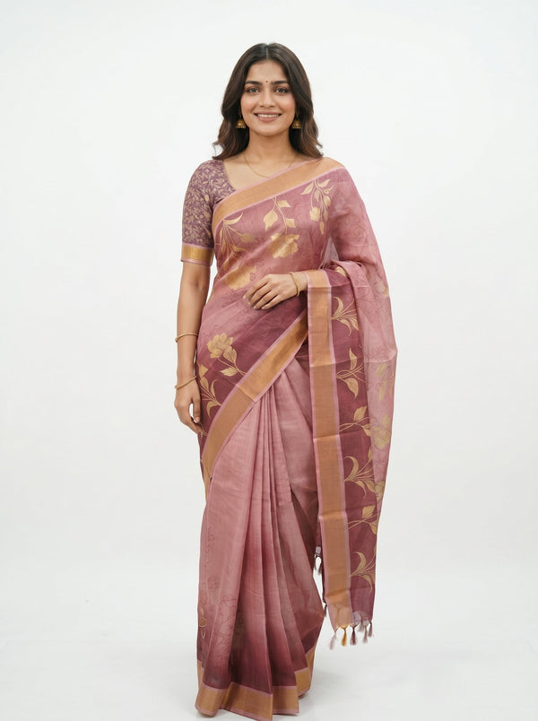 Chanderi Silk Blend Dusty Pink Floral Printed Saree
