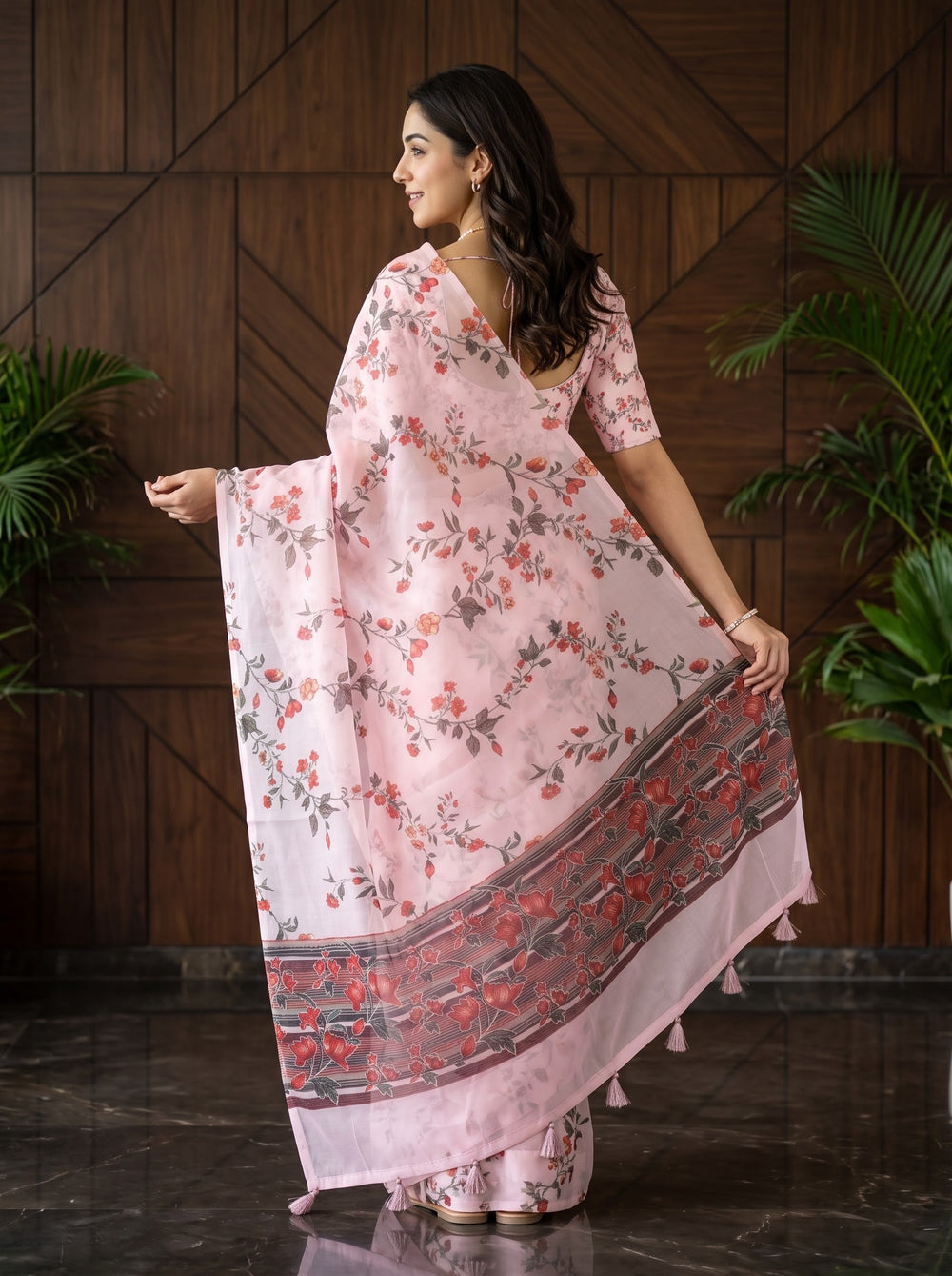 Organza Baby Pink Red Floral Print Striped Pallu Zari Embroidered Tassels Saree