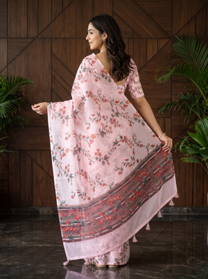 Organza Baby Pink Red Floral Print Striped Pallu Zari Embroidered Tassels Saree