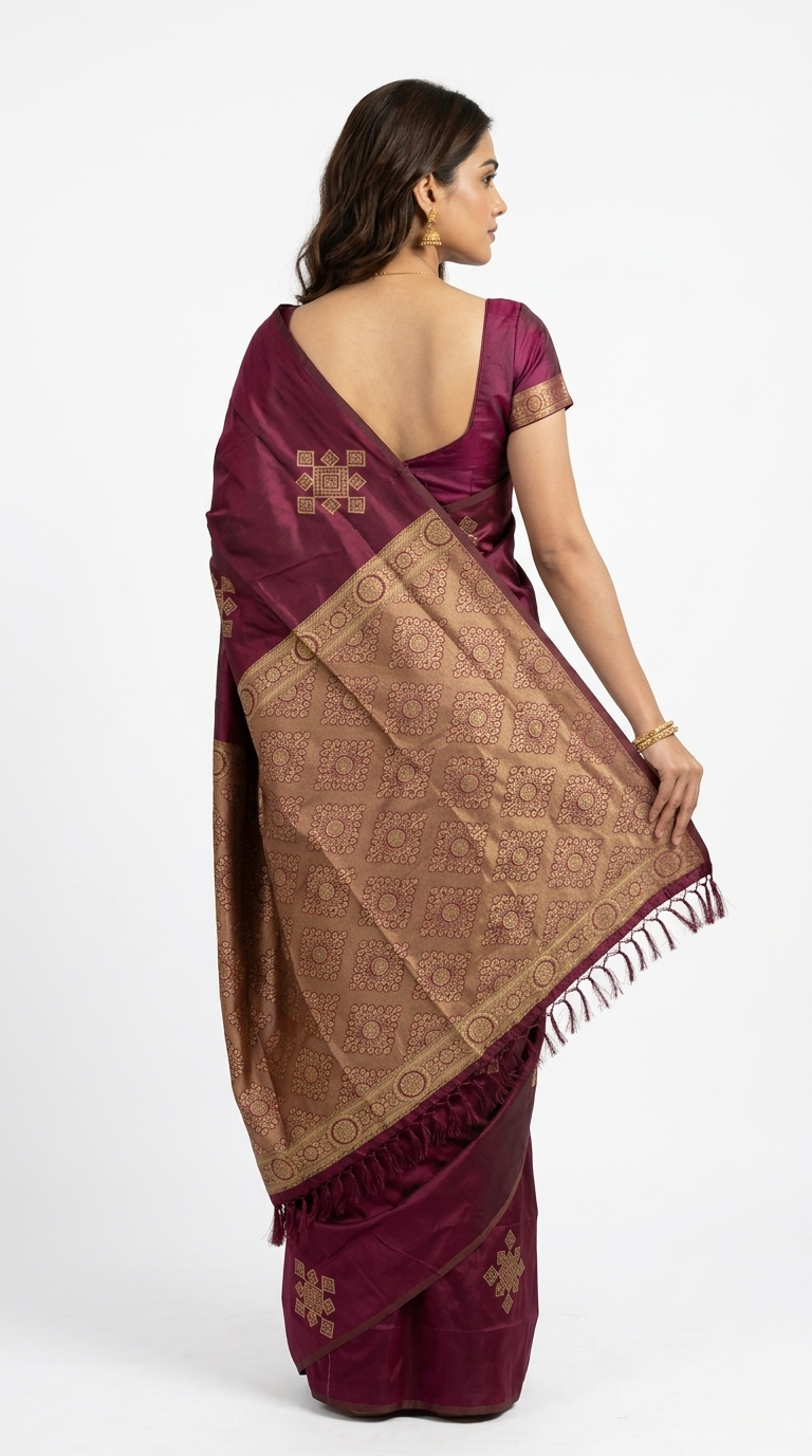 Woman wearing a maroon saree with gold patterns against a mustard yellow background