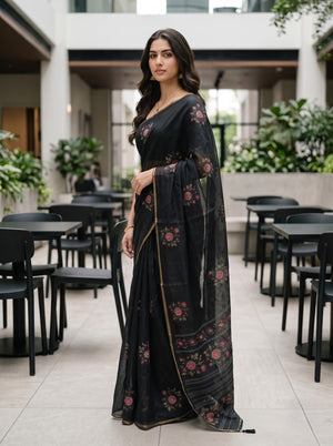 Synthetic Black Scattered Rose Print Saree with Thin Gold Border
