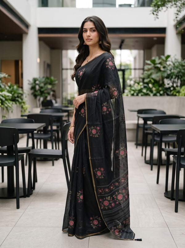 Synthetic Black Scattered Rose Print Saree with Thin Gold Border