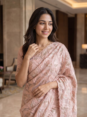 Organza Peach Saree with Golden Leaf Foliage Print