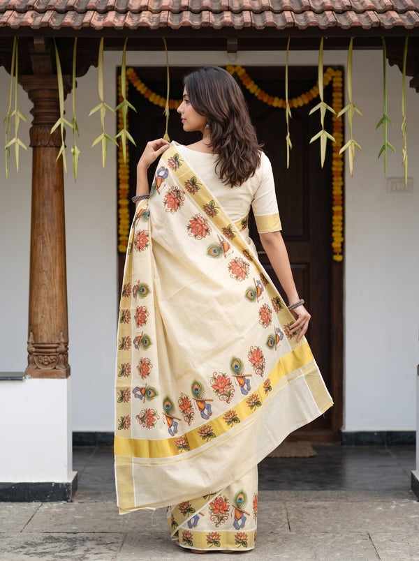 Tissue Cream Mural Art Lotus Peacock  Onam Special Kerala Saree with Golden Border