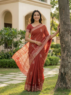 Cotton Silk Maroon Checkered Paisley Saree with Tribal Aztec Border
