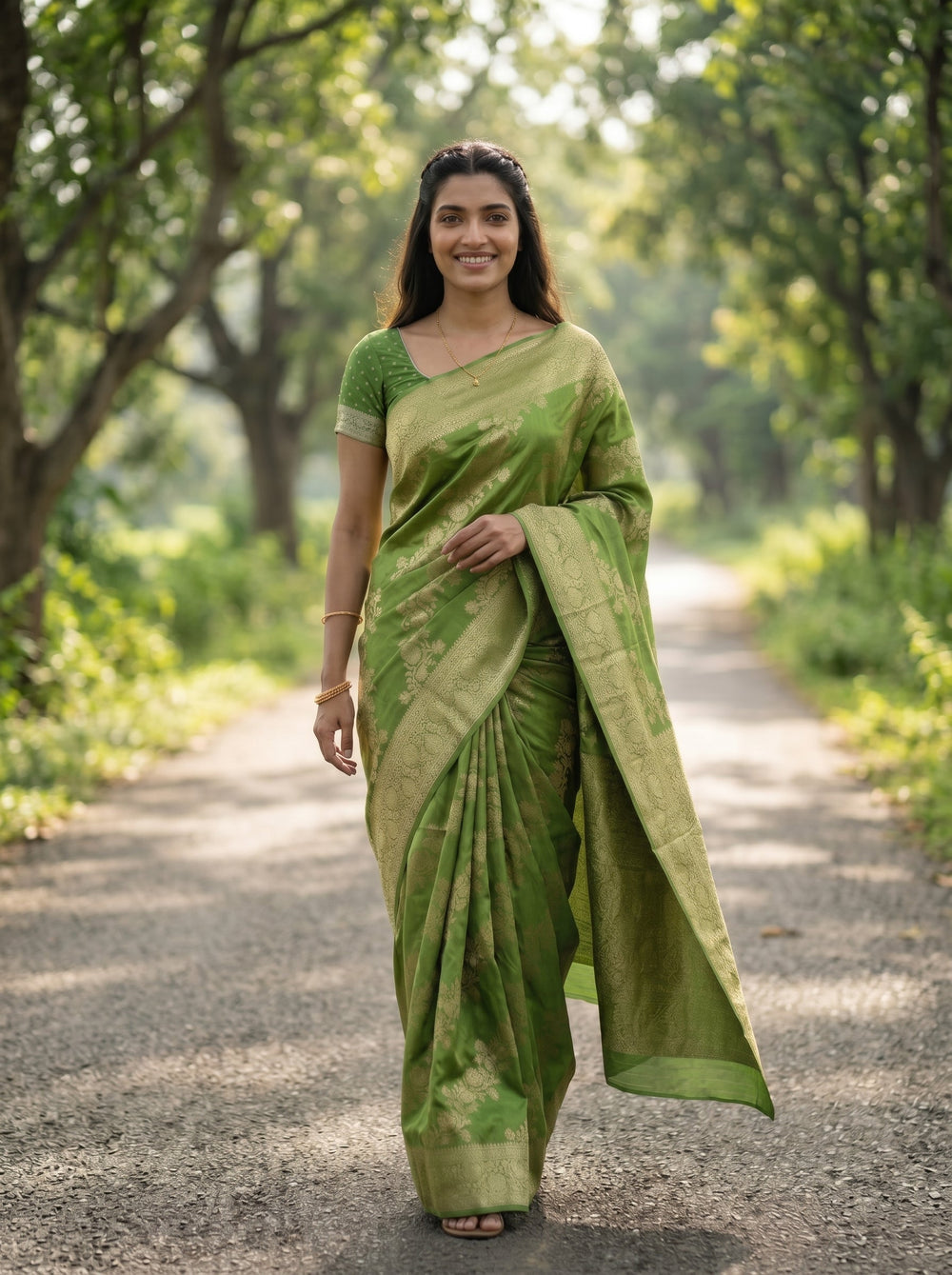 Woman in a green saree standing on a path with trees in the background