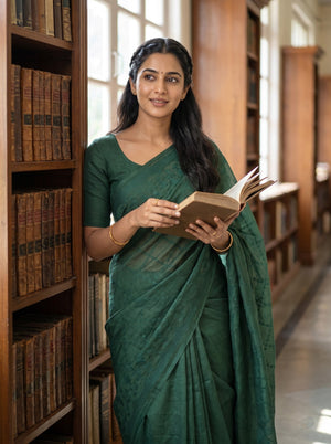 Pure Chanderi Bottle Green Saree with Embroidered Diamond Trellis