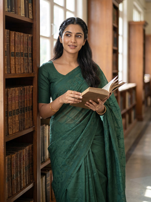 Pure Chanderi Bottle Green Saree with Embroidered Diamond Trellis