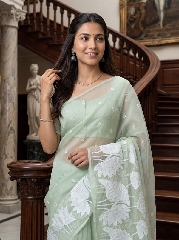 Organza Pista Green Lotus Embroidered Tassel Saree