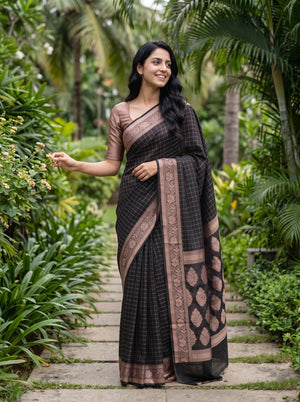 Cotton Silk Black Golden Paisley Floral Butta Pallu Saree