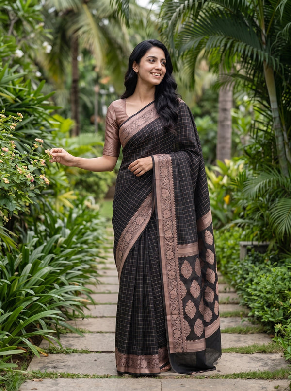 Cotton Silk Black Golden Paisley Floral Butta Pallu Saree