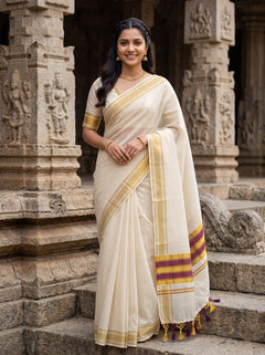 Cotton Cream Kerala Saree with Checkered Design, Golden Zari and Purple Striped Border