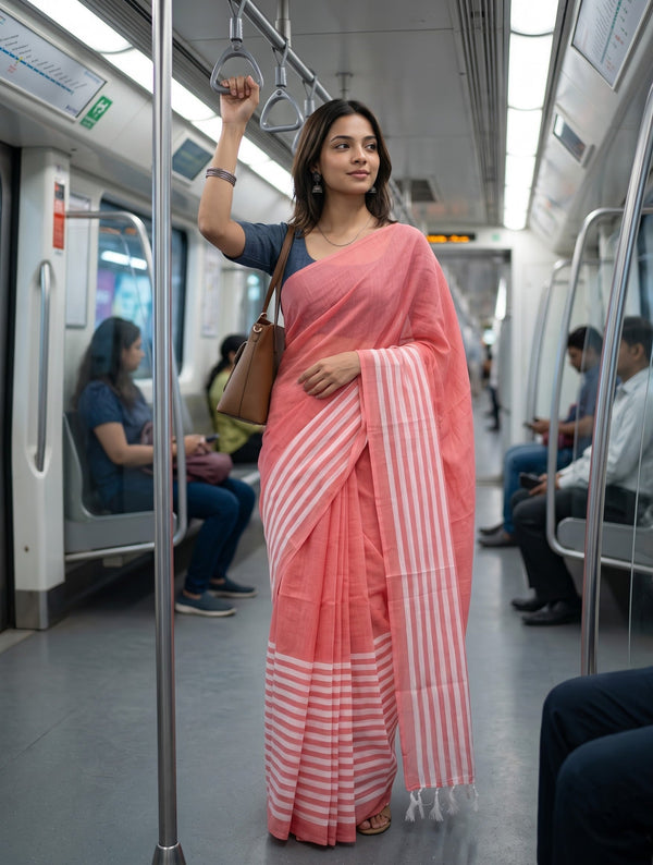 Cotton Pink Vertical Stripe Solid Pallu Saree